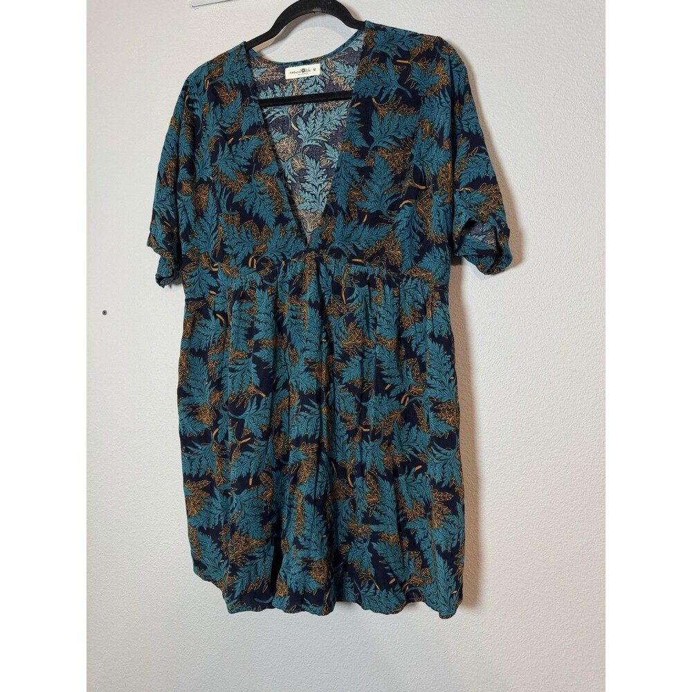 Natural Life Stella Deep V Neck Mini Dress Medium Turquoise Fern Vines Pockets - Picture 4 of 9